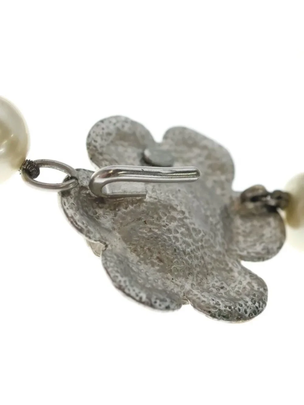 Chanel Camellia Faux Pearl Necklace Choker Silver Metal